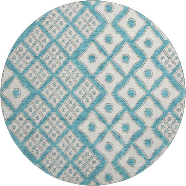 HomeRoots 8' Teal And Ivory Geometric Round Rug - Washable, UV Protected, Durable, Perfect for High-Traffic Spaces 668763