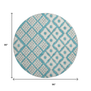 HomeRoots 8' Teal And Ivory Geometric Round Rug - Washable, UV Protected, Durable, Perfect for High-Traffic Spaces 668763