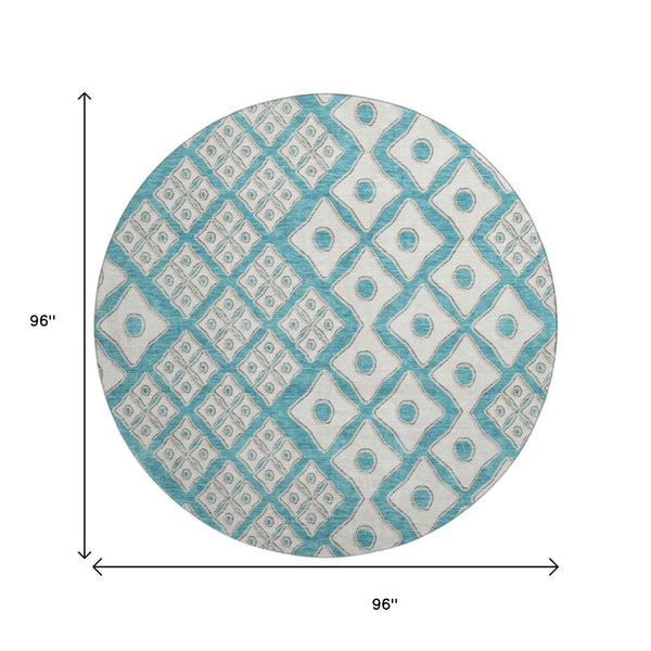 HomeRoots 8' Teal And Ivory Geometric Round Rug - Washable, UV Protected, Durable, Perfect for High-Traffic Spaces 668763