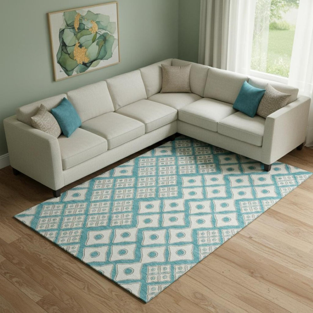 HomeRoots 8' X 10' Teal And Ivory Geometric Washable Area Rug – Stylish, Durable, and Perfect for Busy Homes! 668764