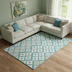 HomeRoots 8' X 10' Teal And Ivory Geometric Washable Area Rug – Stylish, Durable, and Perfect for Busy Homes! 668764