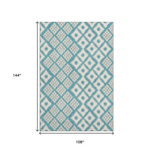HomeRoots 9' X 12' Stylish Teal and Ivory Geometric Area Rug – Washable, UV-Protected, Perfect for Any Room! 668765