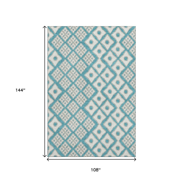 HomeRoots 9' X 12' Stylish Teal and Ivory Geometric Area Rug – Washable, UV-Protected, Perfect for Any Room! 668765
