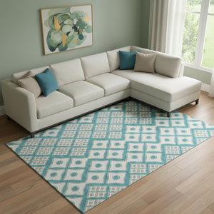HomeRoots 9' X 12' Stylish Teal and Ivory Geometric Area Rug – Washable, UV-Protected, Perfect for Any Room! 668765