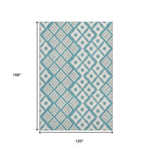 HomeRoots 10' X 14' Teal & Ivory Geometric Area Rug - Durable, Stain Resistant, UV Protected for High-Traffic Homes 668766