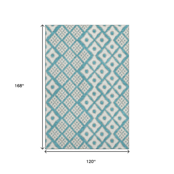 HomeRoots 10' X 14' Teal & Ivory Geometric Area Rug - Durable, Stain Resistant, UV Protected for High-Traffic Homes 668766