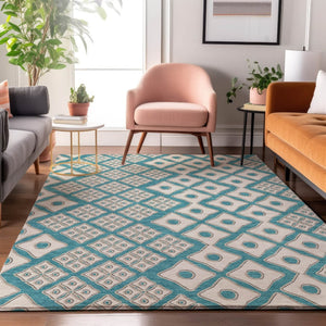 HomeRoots 10' X 14' Teal & Ivory Geometric Area Rug - Durable, Stain Resistant, UV Protected for High-Traffic Homes 668766