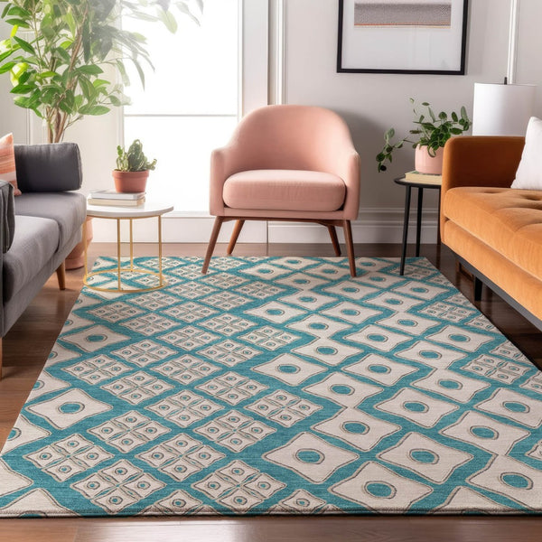HomeRoots 10' X 14' Teal & Ivory Geometric Area Rug - Durable, Stain Resistant, UV Protected for High-Traffic Homes 668766