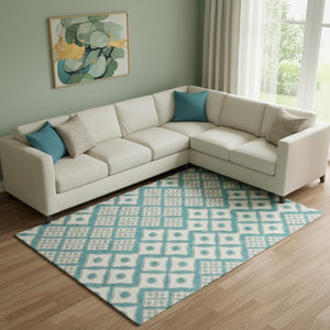 HomeRoots 10' X 14' Teal & Ivory Geometric Area Rug - Durable, Stain Resistant, UV Protected for High-Traffic Homes 668766