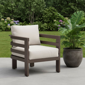 HomeRoots 30" Stylish Brown Aluminum Outdoor Arm Chair with Weather-Resistant Cushions for Ultimate Comfort 668767