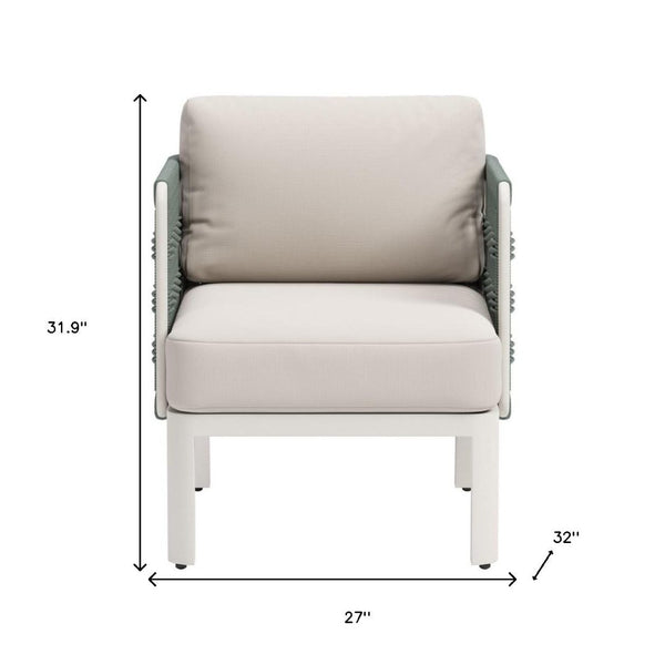 HomeRoots 27" Green Aluminum Outdoor Accent Chair with White Cushion - Stylish, Durable & Comfortable Design 668768
