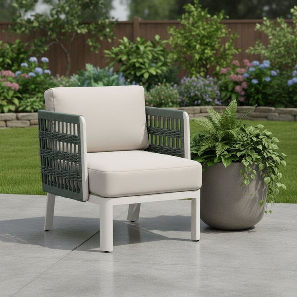 HomeRoots 27" Green Aluminum Outdoor Accent Chair with White Cushion - Stylish, Durable & Comfortable Design 668768