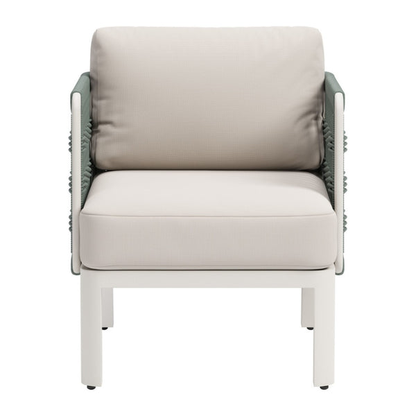 HomeRoots 27" Green Aluminum Outdoor Accent Chair with White Cushion - Stylish, Durable & Comfortable Design 668768