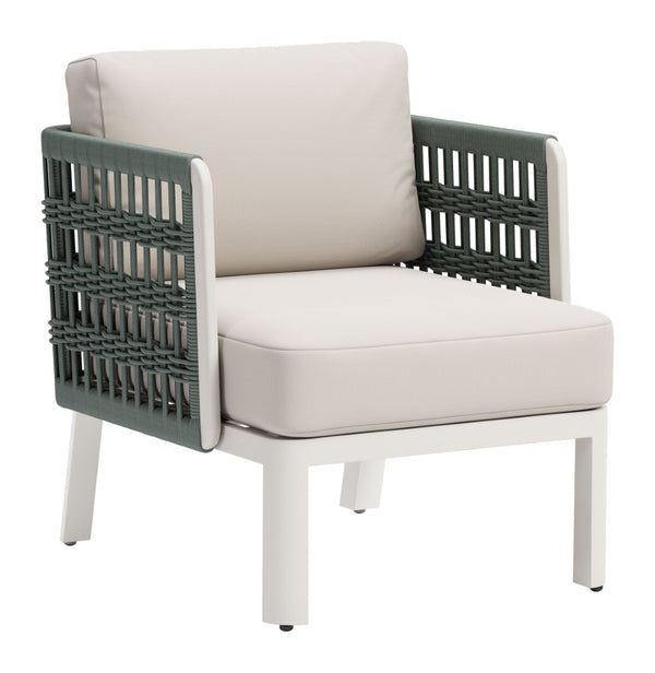 HomeRoots 27" Green Aluminum Outdoor Accent Chair with White Cushion - Stylish, Durable & Comfortable Design 668768