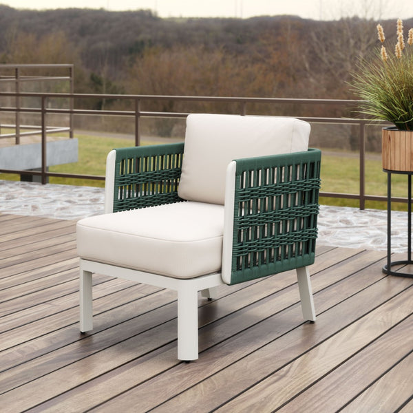HomeRoots 27" Green Aluminum Outdoor Accent Chair with White Cushion - Stylish, Durable & Comfortable Design 668768