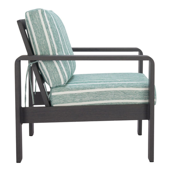 HomeRoots 33" Striped Arm Chair in Green, White & Black - Modern Upholstered Accent with Aluminum Frame & Comfort 668769