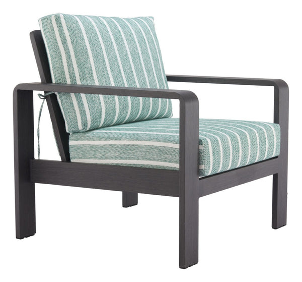 HomeRoots 33" Striped Arm Chair in Green, White & Black - Modern Upholstered Accent with Aluminum Frame & Comfort 668769