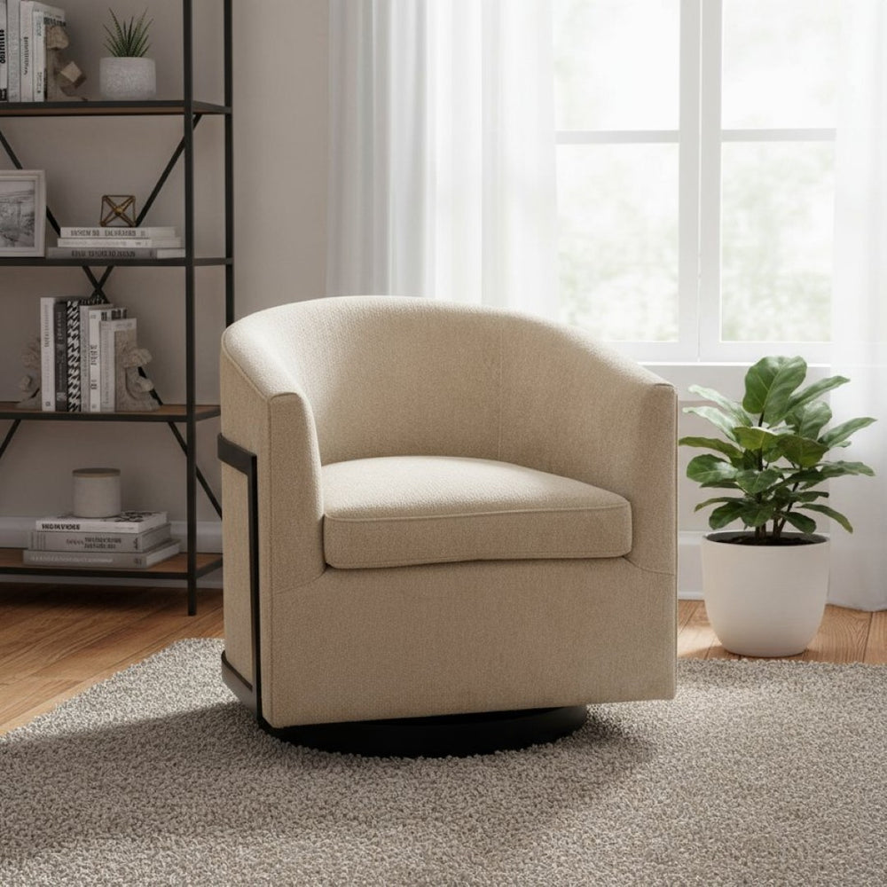 HomeRoots 30" Beige Upholstered Swivel Arm Chair - Modern Comfort for Home, Office & Hospitality Spaces 668782