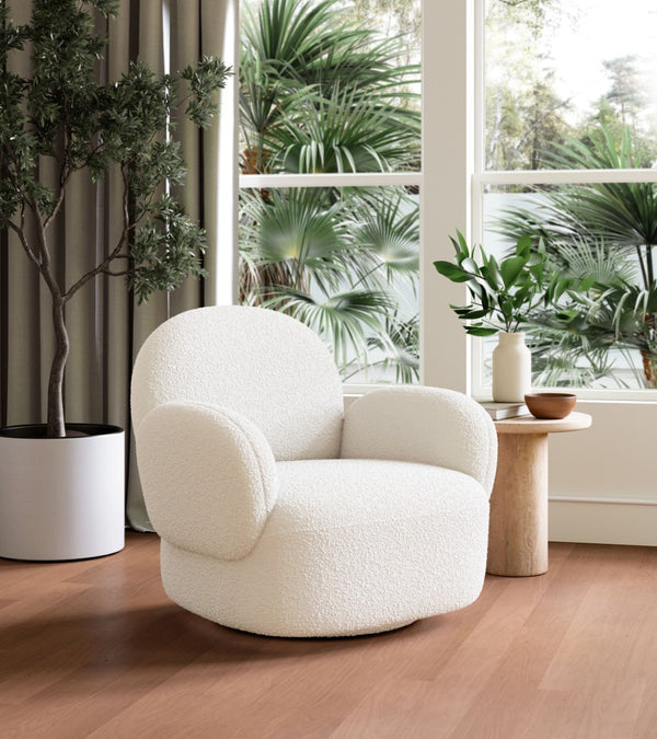 HomeRoots 35" Stylish White Upholstered Swivel Arm Chair – Modern Comfort for Living Rooms, Offices & More 668785