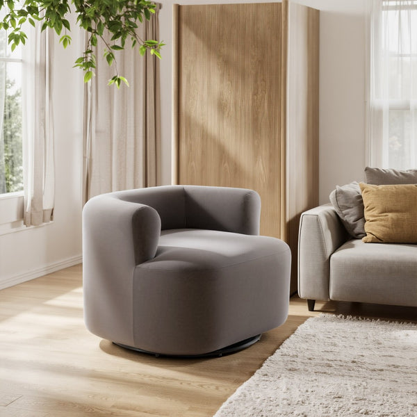 HomeRoots 35" Gray Upholstered Swivel Arm Chair - Stylish Comfort with 360° Motion for Home or Office Use 668786