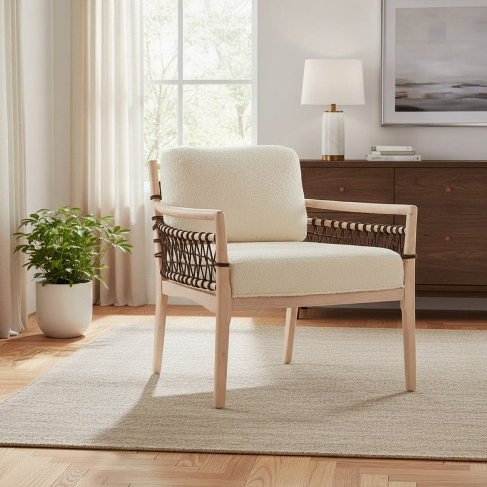 HomeRoots 31" Ivory Upholstered Modern Arm Chair - Solid Wood Frame, Contemporary Design for Home & Office 668796