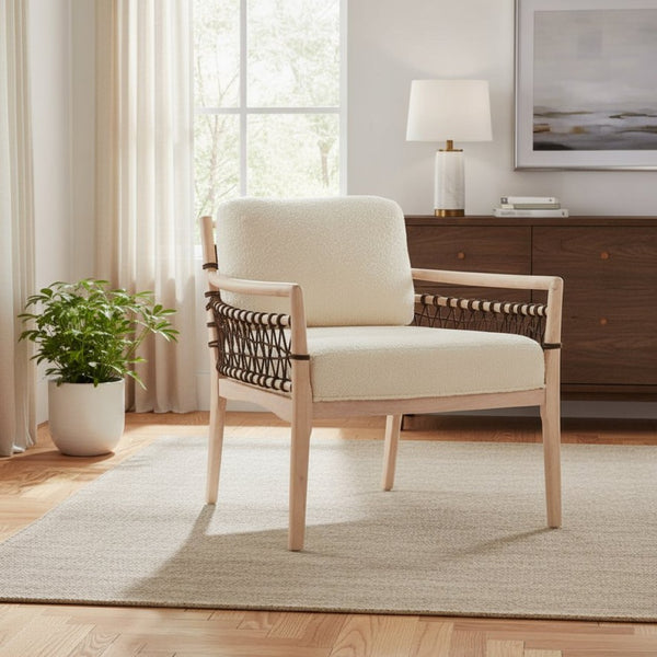 HomeRoots 31" Ivory Upholstered Modern Arm Chair - Solid Wood Frame, Contemporary Design for Home & Office 668796