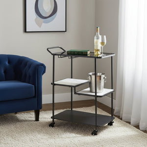 HomeRoots 25" Black Steel Rolling Bar Cart with Faux Marble Shelves - Stylish, Mobile, and Versatile Design! 668797