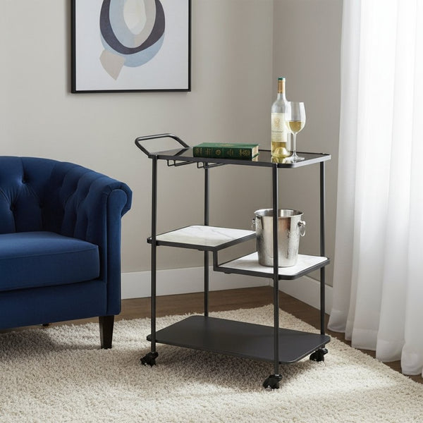 HomeRoots 25" Black Steel Rolling Bar Cart with Faux Marble Shelves - Stylish, Mobile, and Versatile Design! 668797