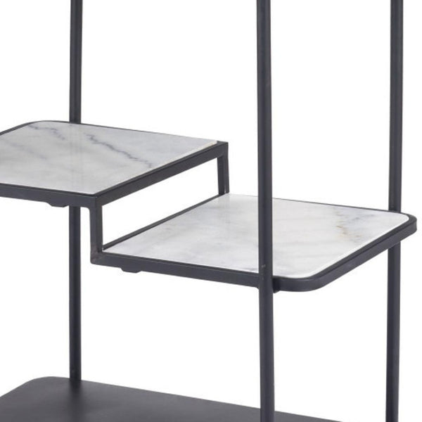 HomeRoots 25" Black Steel Rolling Bar Cart with Faux Marble Shelves - Stylish, Mobile, and Versatile Design! 668797
