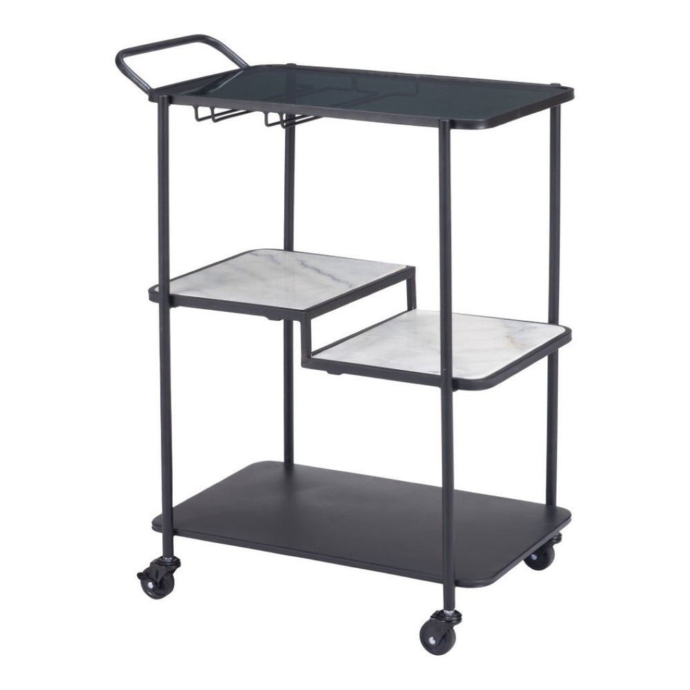 HomeRoots 25" Black Steel Rolling Bar Cart with Faux Marble Shelves - Stylish, Mobile, and Versatile Design! 668797