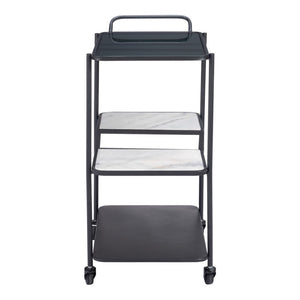 HomeRoots 25" Black Steel Rolling Bar Cart with Faux Marble Shelves - Stylish, Mobile, and Versatile Design! 668797