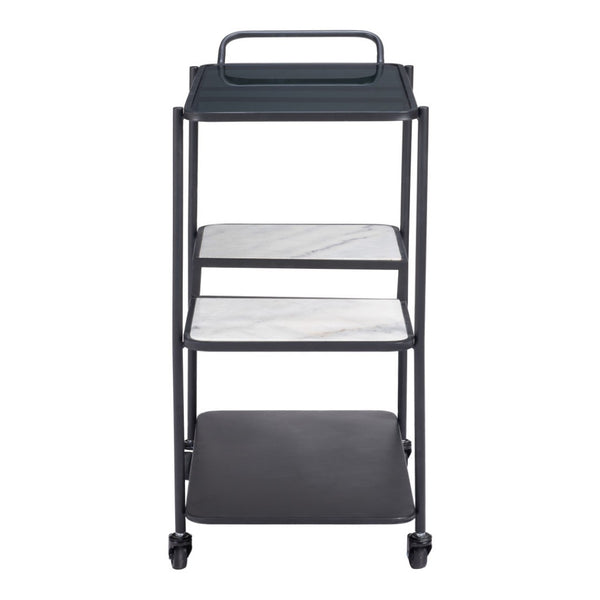 HomeRoots 25" Black Steel Rolling Bar Cart with Faux Marble Shelves - Stylish, Mobile, and Versatile Design! 668797
