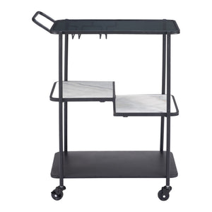 HomeRoots 25" Black Steel Rolling Bar Cart with Faux Marble Shelves - Stylish, Mobile, and Versatile Design! 668797