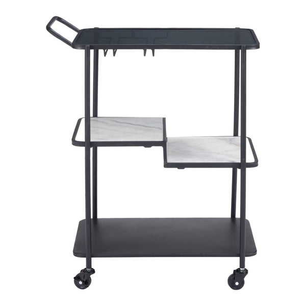 HomeRoots 25" Black Steel Rolling Bar Cart with Faux Marble Shelves - Stylish, Mobile, and Versatile Design! 668797