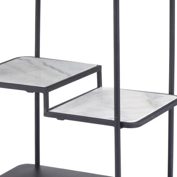 HomeRoots 25" Black Steel Rolling Bar Cart with Faux Marble Shelves - Stylish, Mobile, and Versatile Design! 668797