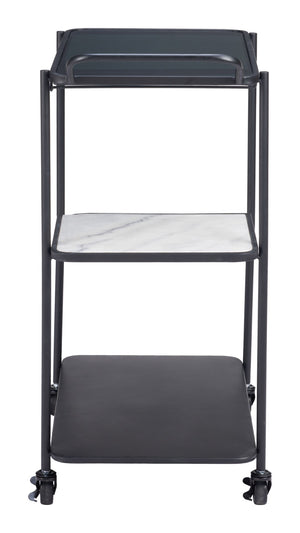 HomeRoots 25" Black Steel Rolling Bar Cart with Faux Marble Shelves - Stylish, Mobile, and Versatile Design! 668797