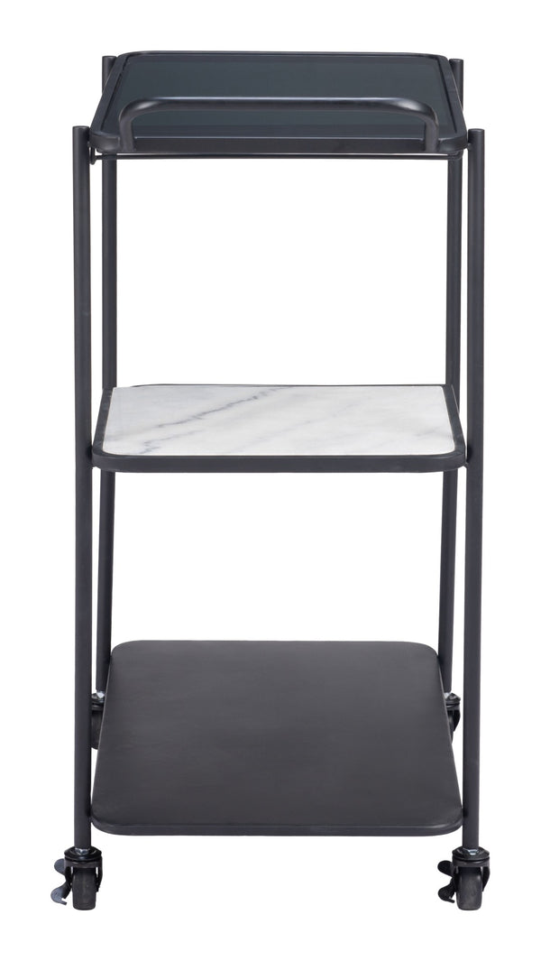 HomeRoots 25" Black Steel Rolling Bar Cart with Faux Marble Shelves - Stylish, Mobile, and Versatile Design! 668797
