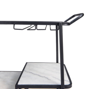 HomeRoots 25" Black Steel Rolling Bar Cart with Faux Marble Shelves - Stylish, Mobile, and Versatile Design! 668797