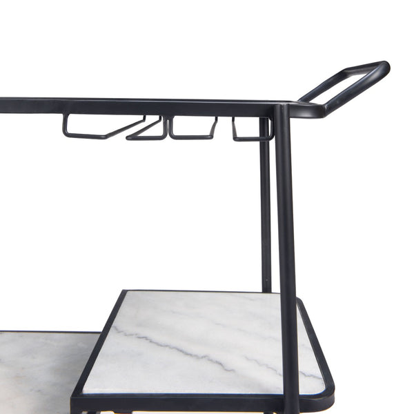 HomeRoots 25" Black Steel Rolling Bar Cart with Faux Marble Shelves - Stylish, Mobile, and Versatile Design! 668797