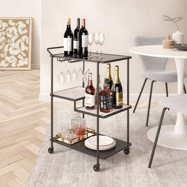 HomeRoots 25" Black Steel Rolling Bar Cart with Faux Marble Shelves - Stylish, Mobile, and Versatile Design! 668797