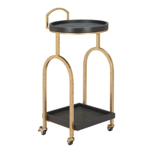 HomeRoots 17" Vintage-Inspired Black & Brass Rolling Bar Cart with Wood Shelves for Stylish Home Mobility 668798