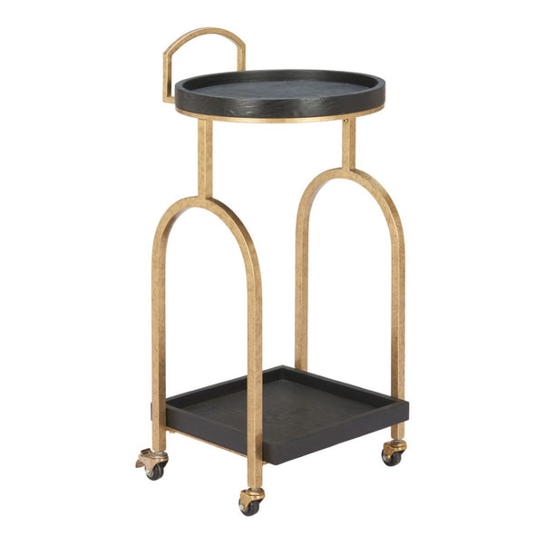 HomeRoots 17" Vintage-Inspired Black & Brass Rolling Bar Cart with Wood Shelves for Stylish Home Mobility 668798