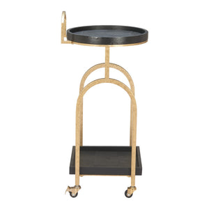 HomeRoots 17" Vintage-Inspired Black & Brass Rolling Bar Cart with Wood Shelves for Stylish Home Mobility 668798