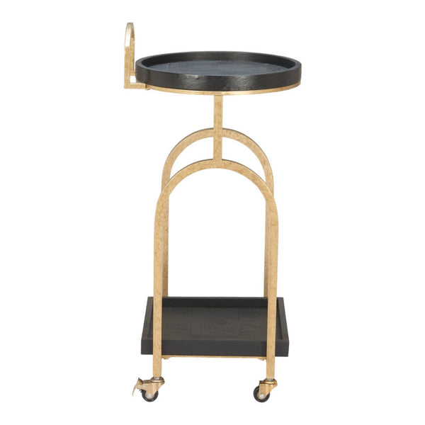 HomeRoots 17" Vintage-Inspired Black & Brass Rolling Bar Cart with Wood Shelves for Stylish Home Mobility 668798