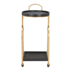 HomeRoots 17" Vintage-Inspired Black & Brass Rolling Bar Cart with Wood Shelves for Stylish Home Mobility 668798