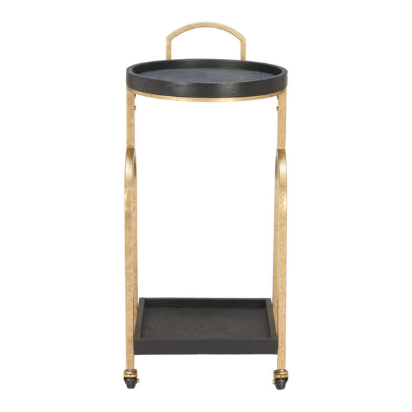 HomeRoots 17" Vintage-Inspired Black & Brass Rolling Bar Cart with Wood Shelves for Stylish Home Mobility 668798