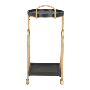 HomeRoots 17" Vintage-Inspired Black & Brass Rolling Bar Cart with Wood Shelves for Stylish Home Mobility 668798