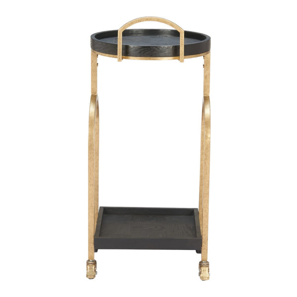 HomeRoots 17" Vintage-Inspired Black & Brass Rolling Bar Cart with Wood Shelves for Stylish Home Mobility 668798