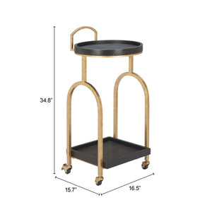HomeRoots 17" Vintage-Inspired Black & Brass Rolling Bar Cart with Wood Shelves for Stylish Home Mobility 668798