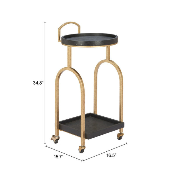 HomeRoots 17" Vintage-Inspired Black & Brass Rolling Bar Cart with Wood Shelves for Stylish Home Mobility 668798